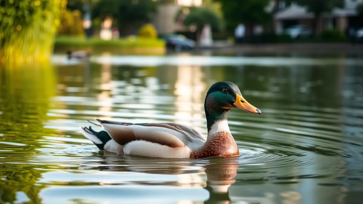 Image of a mallard duck swimming in an urban pond.