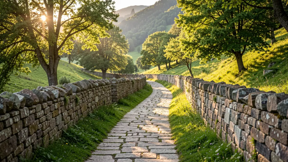 Camino antiguo de piedra en la montaña con muros de piedra y árboles.