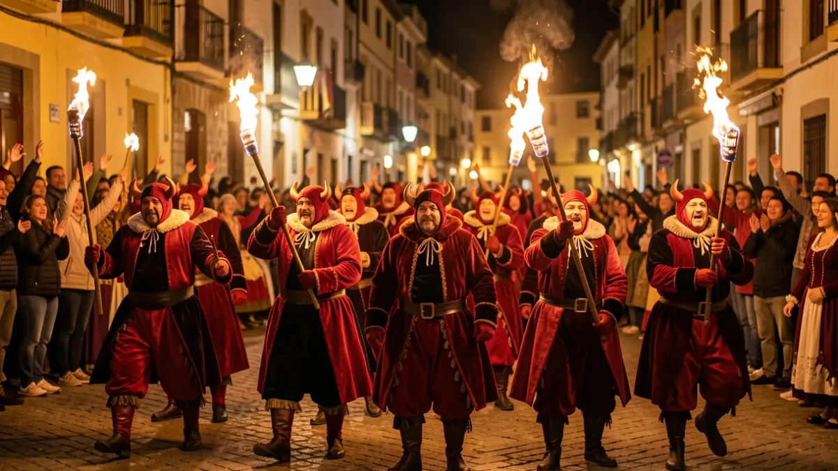 Imatge genèrica de participants amb vestits de diable i elements de foc durant una celebració nocturna a Catalunya.