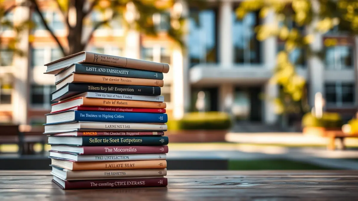 Imatge genèrica de llibres sobre una taula, amb un fons universitari desenfocat.
