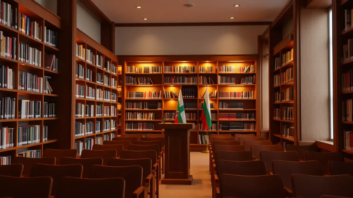 Imatge d'una sala de conferències universitària amb un micròfon i cadires buides, amb un ambient acollidor de lectura.