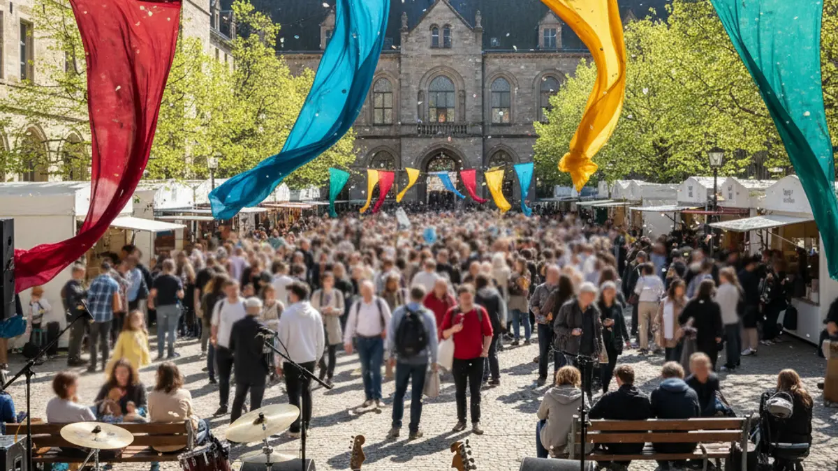 Image of a university campus with cultural activities and students