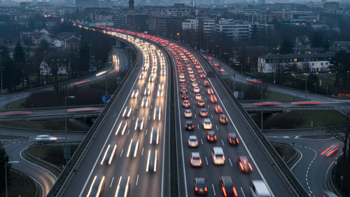 Aerial image of a highway with dense traffic during morning rush hour.