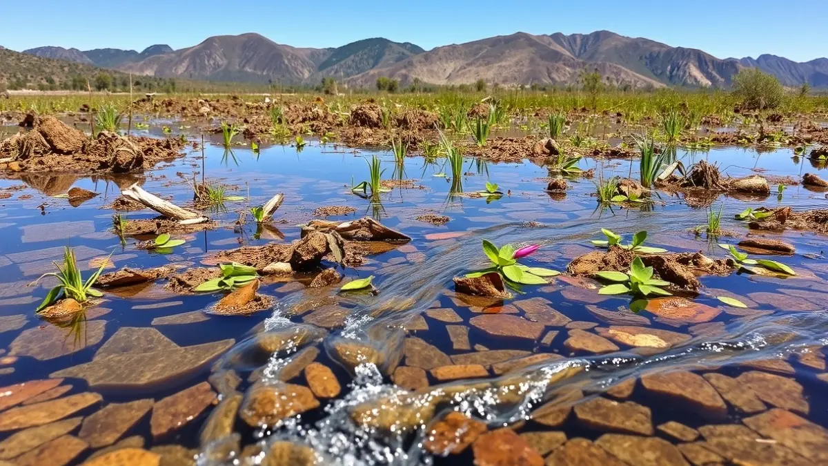 Imatge d'un laboratori de depuració natural d'aigües residuals a la muntanya.