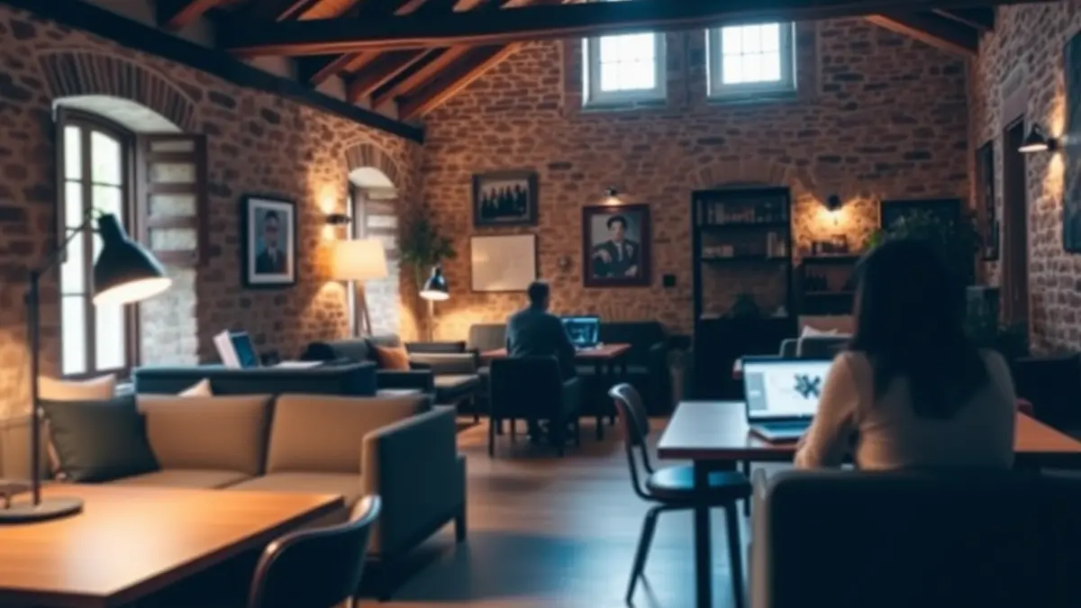Imagen de un espacio de coworking moderno en un entorno rural.