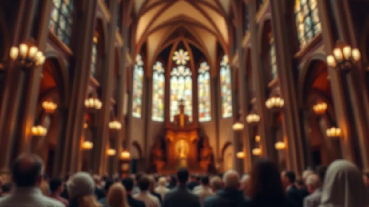 Imatge genèrica de l'interior d'una catedral amb vitralls i arcs alts.