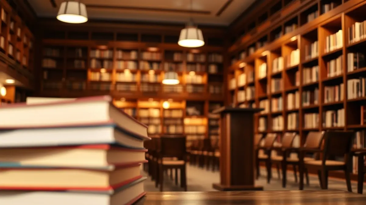 Imatge genèrica d'un espai cultural amb llibres i un micròfon, il·luminat càlidament.