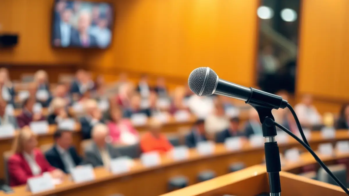Imatge genèrica d'un micròfon en un faristol durant una assemblea política.