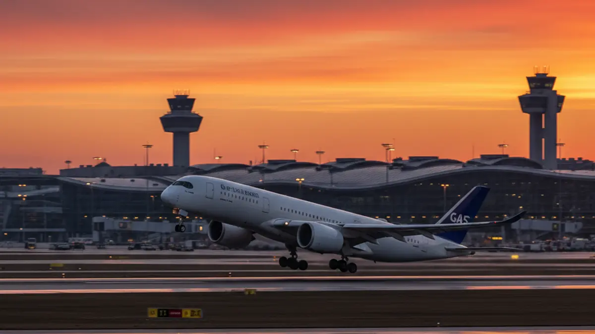 Generic image of an airplane taking off from an airport at sunset.