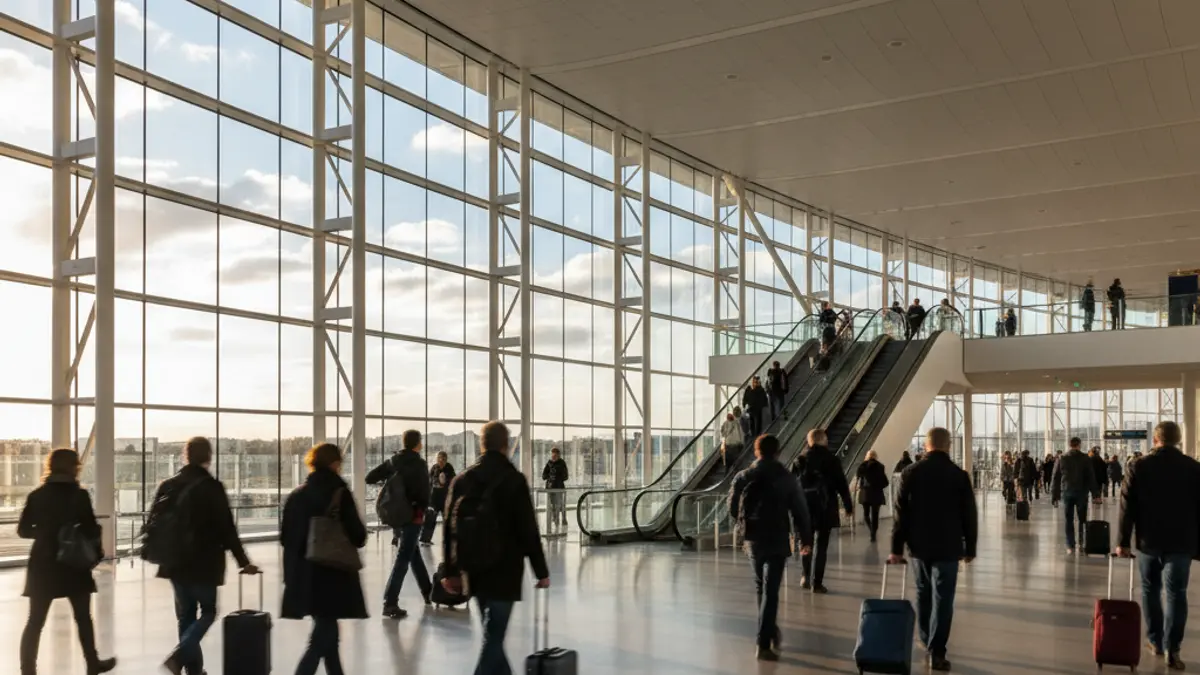 Imatge genèrica de l'interior d'un aeroport amb passatgers desenfocats.