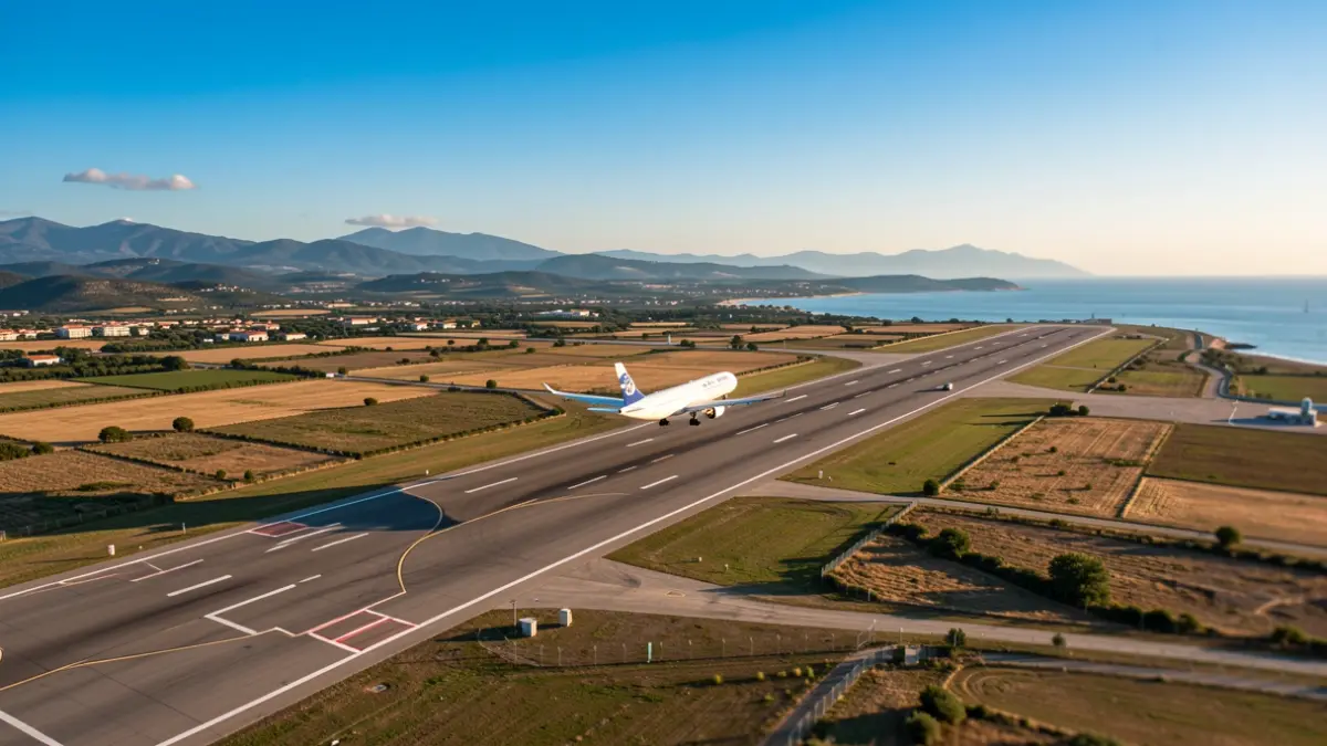 Vista aérea del aeropuerto de Reus con un avión despegando.