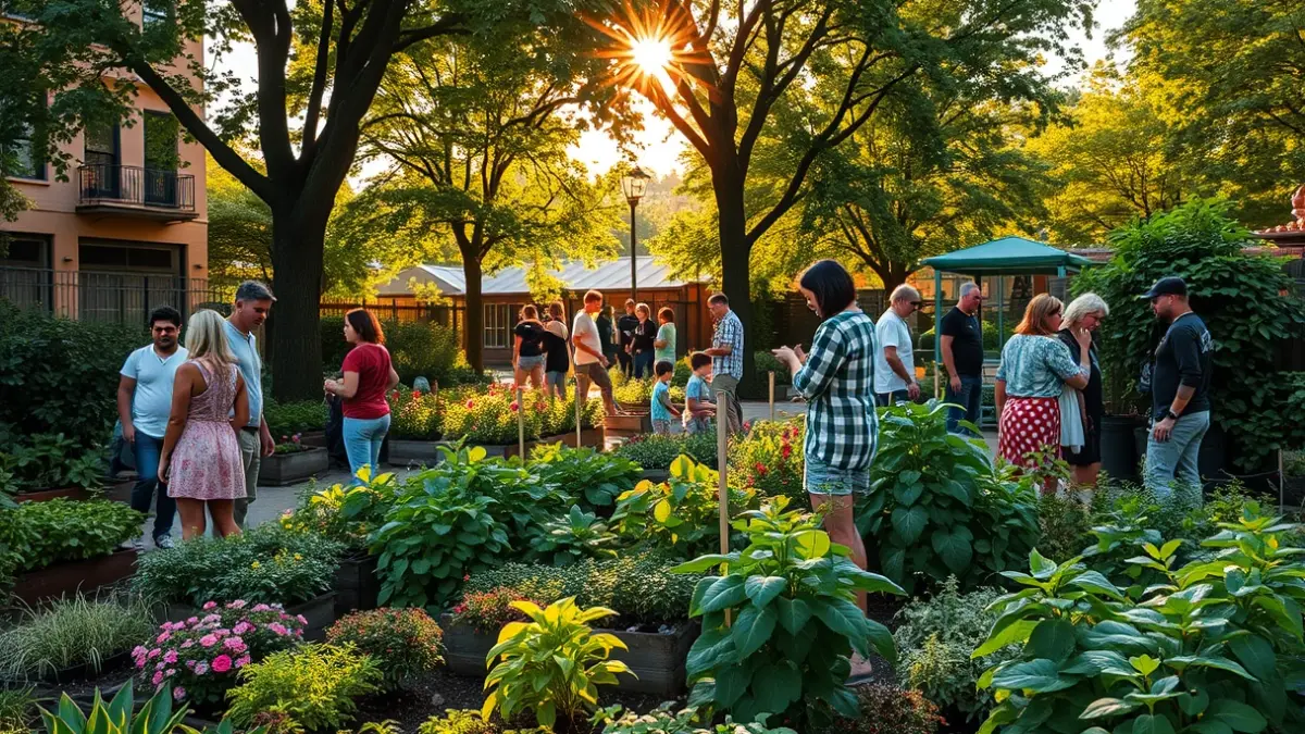 Imatge d'un espai comunitari amb jardí urbà i gent interactuant