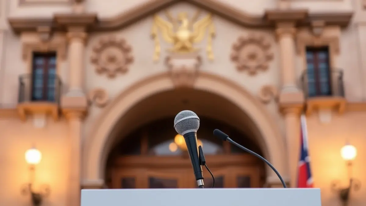 Generic image of a microphone on a podium, with a blurred institutional building in the background.