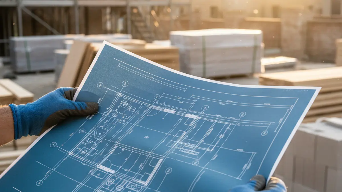 Generic image of hands holding a blueprint on a school construction site.