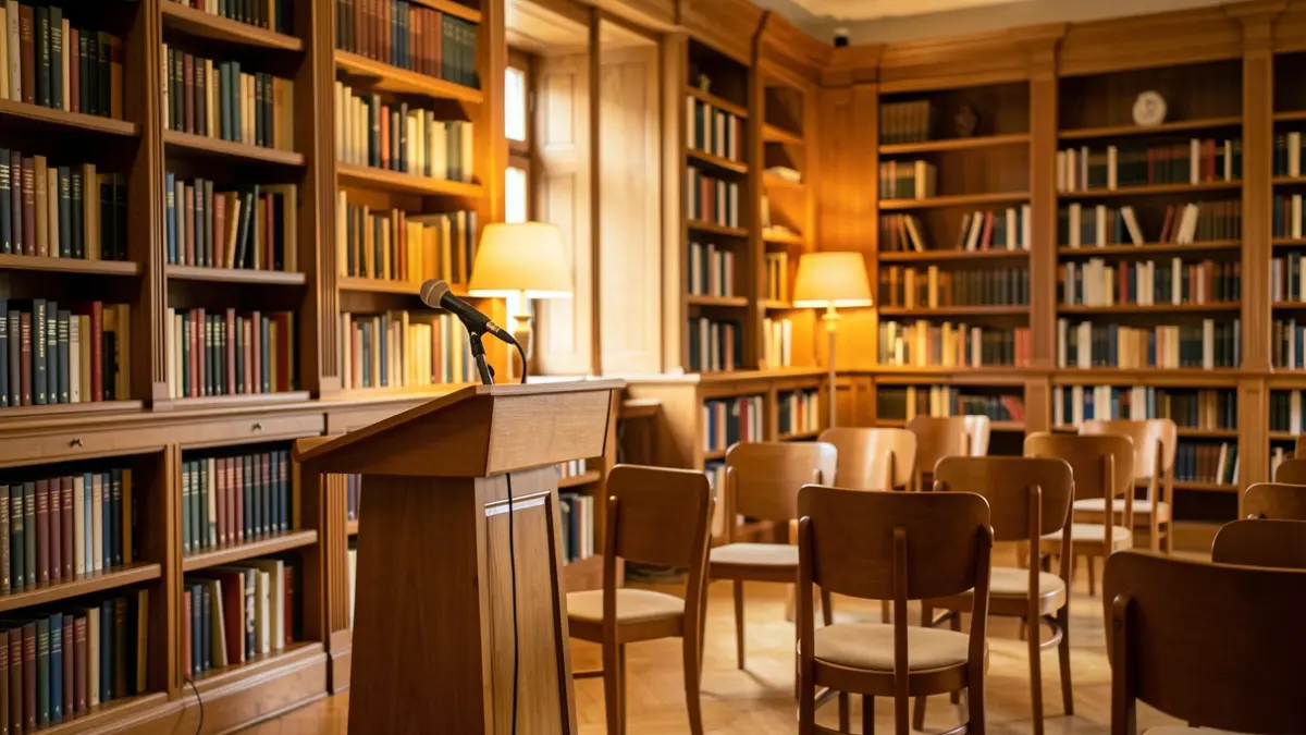 Interior d'una biblioteca amb prestatgeries de fusta i un faristol, ambient càlid de lectura.