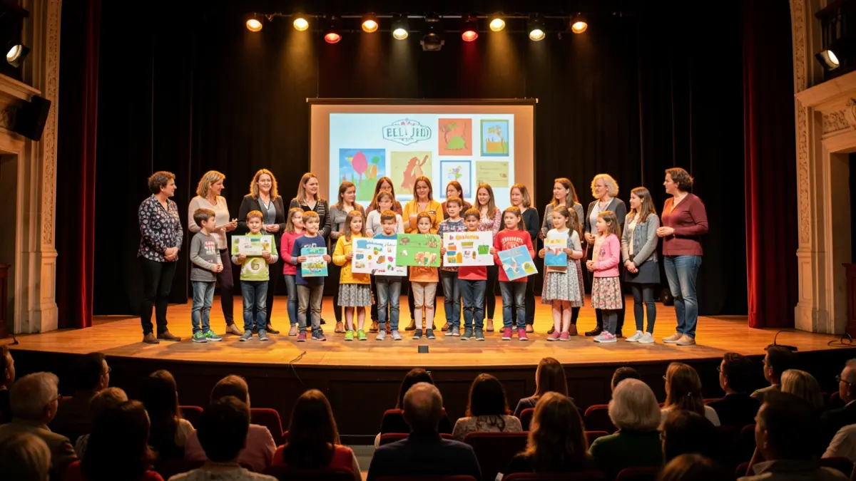 Imatge genèrica de nens presentant un projecte escolar en un teatre.