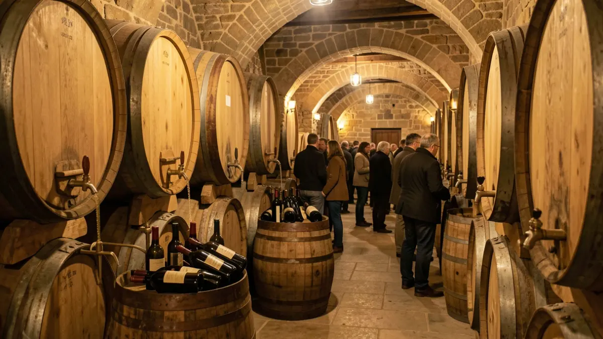 Interior de una bodega tradicional catalana con barricas de vino y botellas siendo rellenadas.