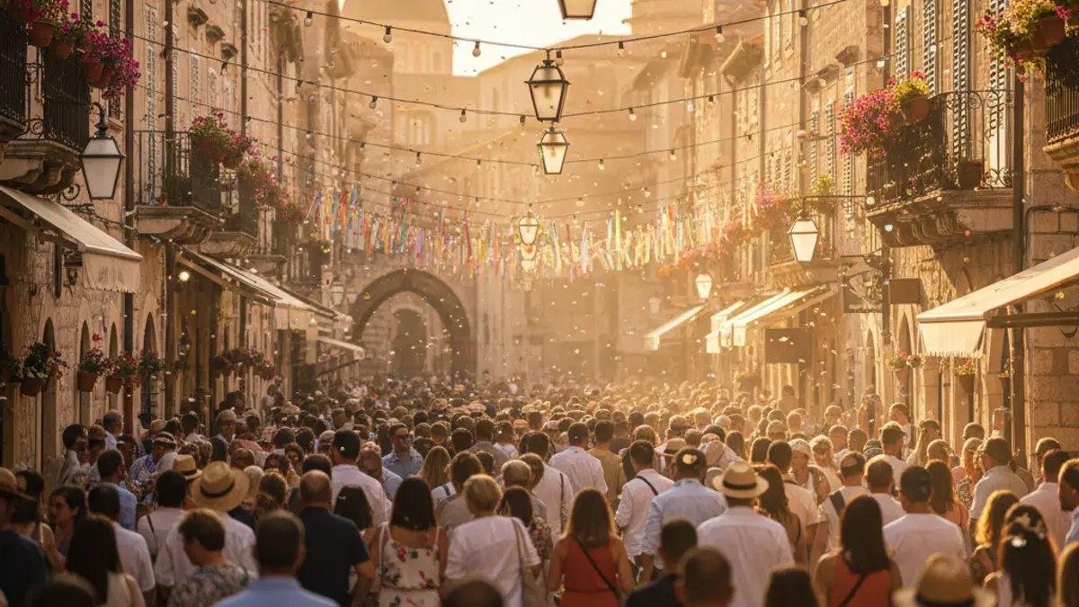 Generic image of a traditional celebration with people and festive decorations in a Mediterranean street.