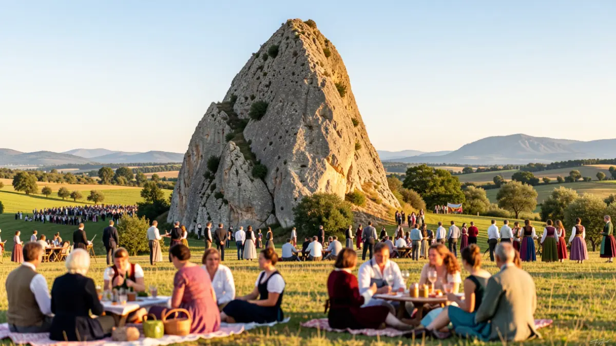 Imatge genèrica de la celebració de l'Aplec de Pedralta amb gent gaudint d'activitats a l'aire lliure al voltant de la roca basculant.