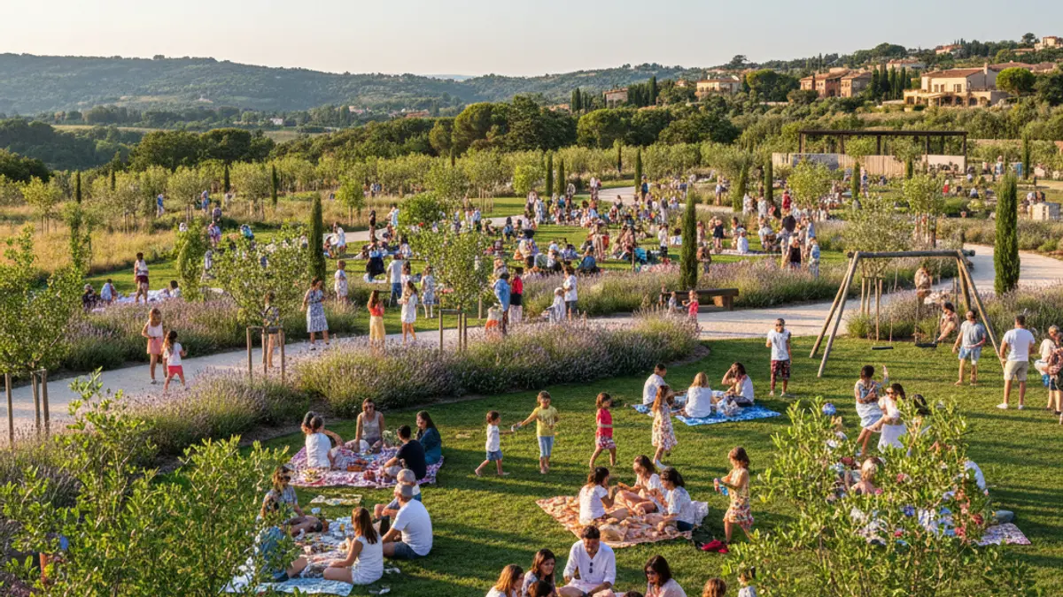 Imatge d'un aplec comunitari en un parc amb activitats i pícnic.