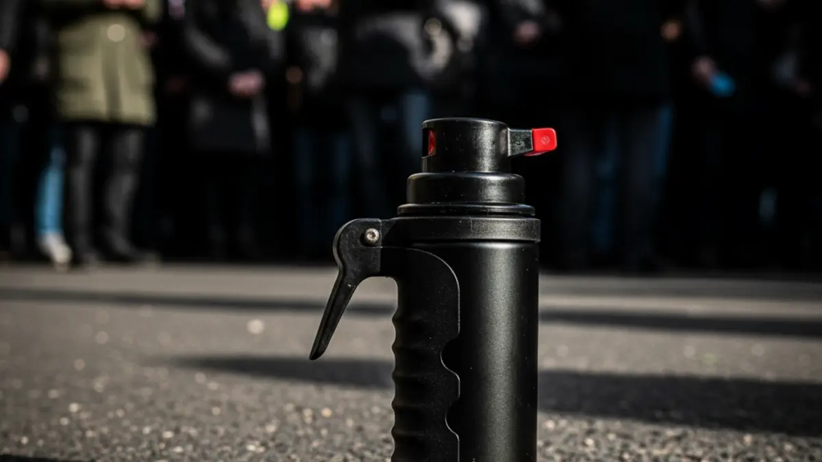 Imagen de un spray de gas pimienta, con un fondo borroso que sugiere una protesta.