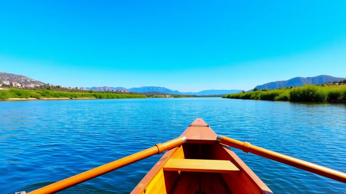 Imatge genèrica d'una embarcació de rem en un riu tranquil, amb un paisatge mediterrani de fons.