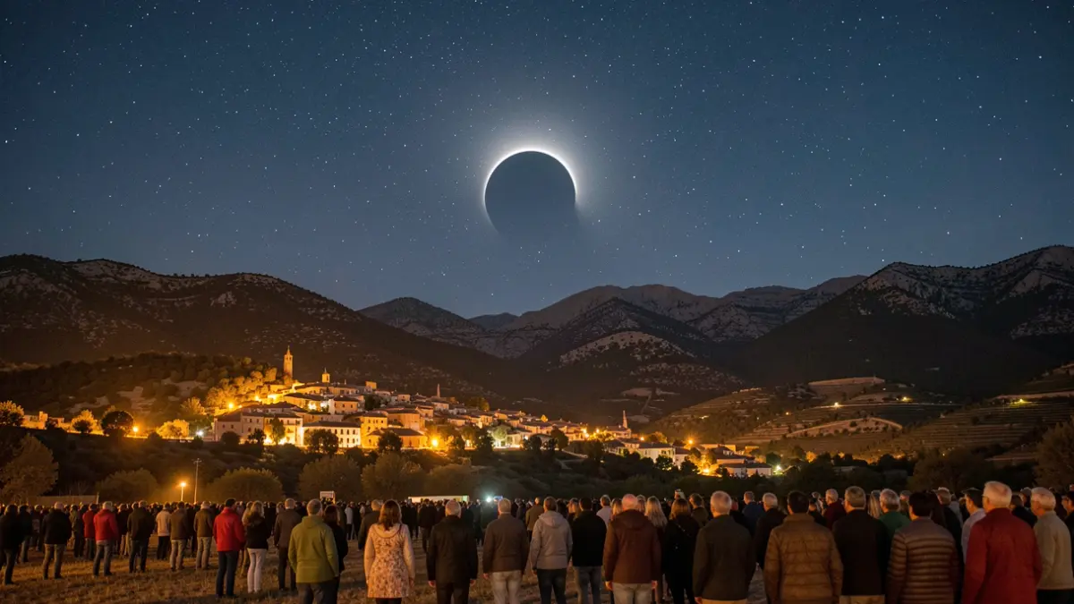 Imagen genérica de un cielo nocturno con un eclipse solar sobre las Montañas de Prades.