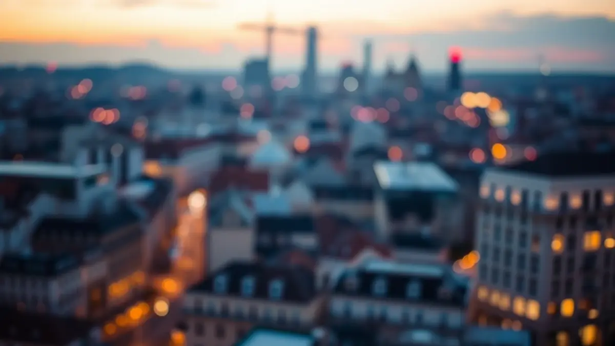 Generic image of a European city at dusk, with lights turning on.