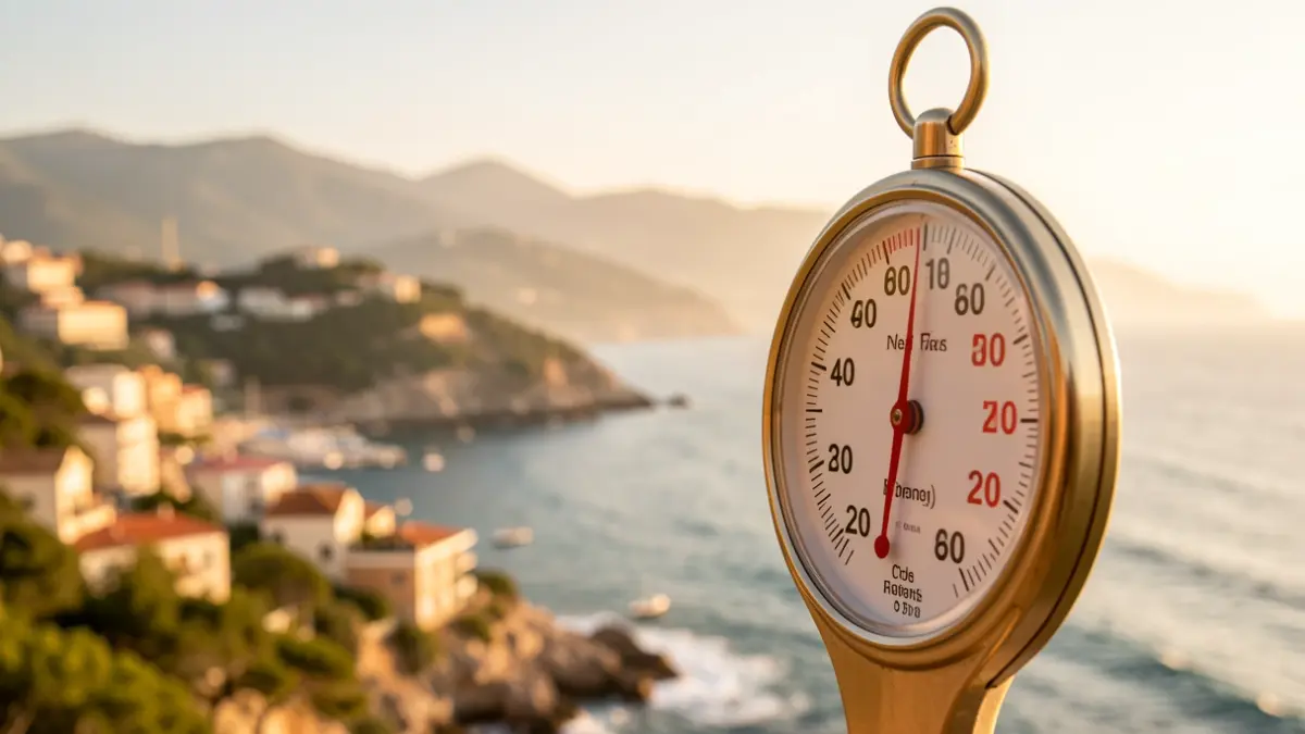 Imatge genèrica d'un termòmetre mostrant altes temperatures amb la costa catalana al fons.