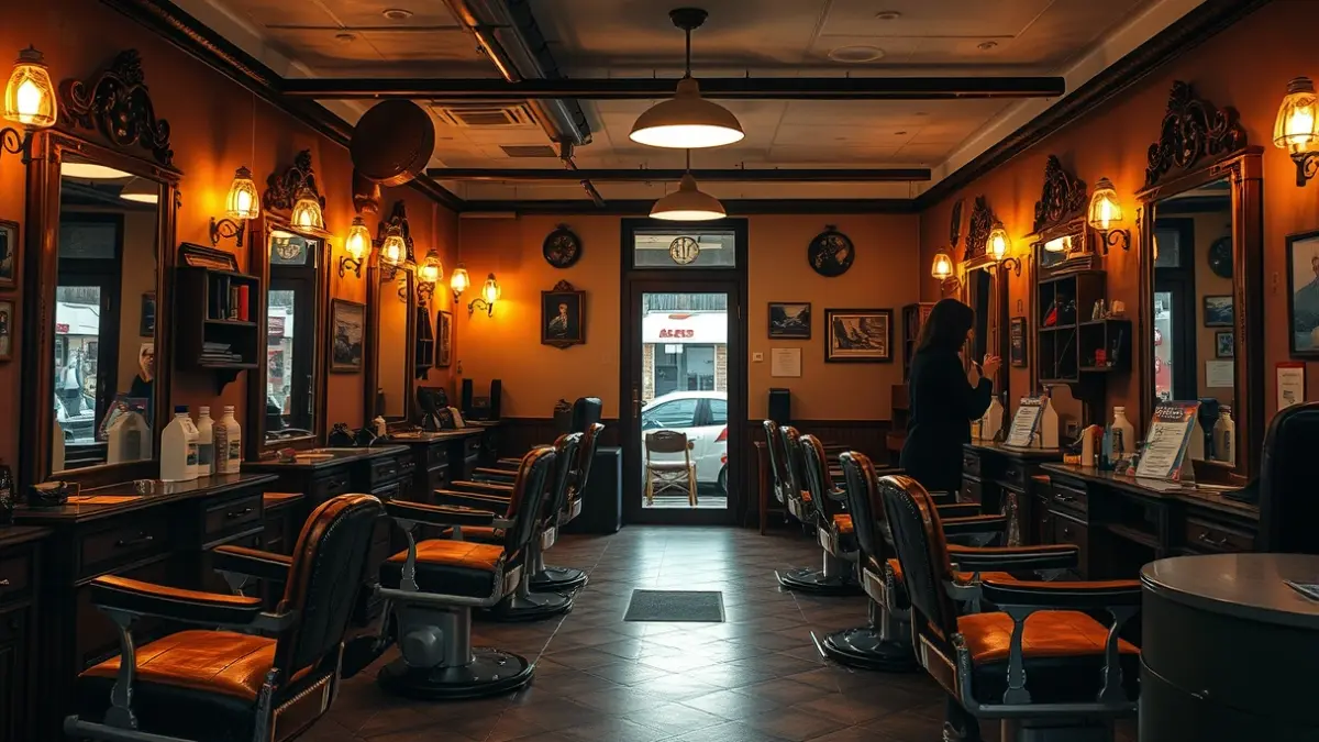 Interior de una antigua barbería con sillas y espejos tradicionales, iluminación cálida.
