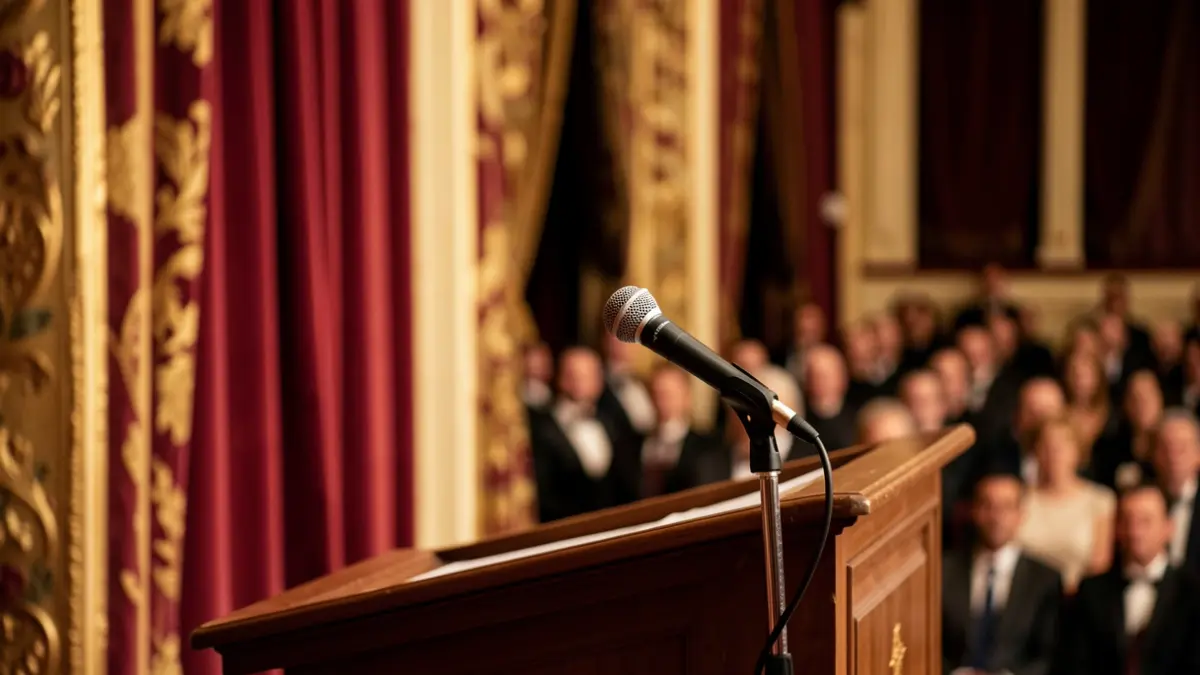Generic image of a microphone on a theater stage.