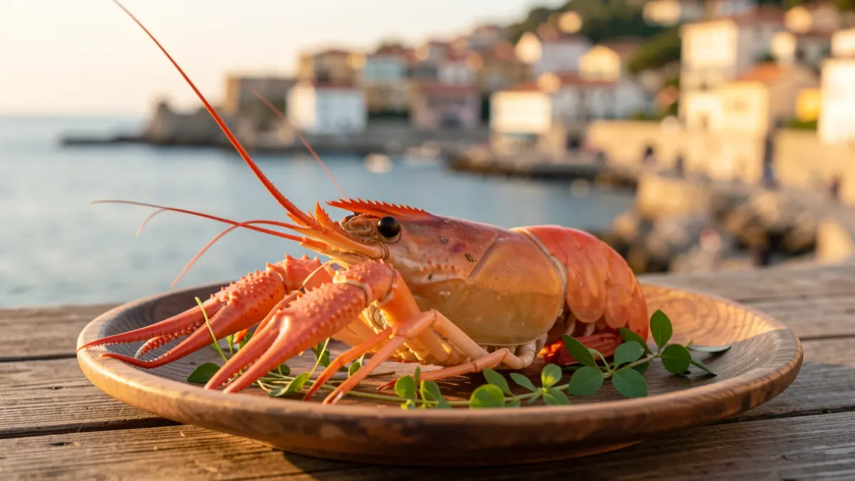 Close-up of a langoustine on a rustic plate with herbs, with a coastal town in the background.