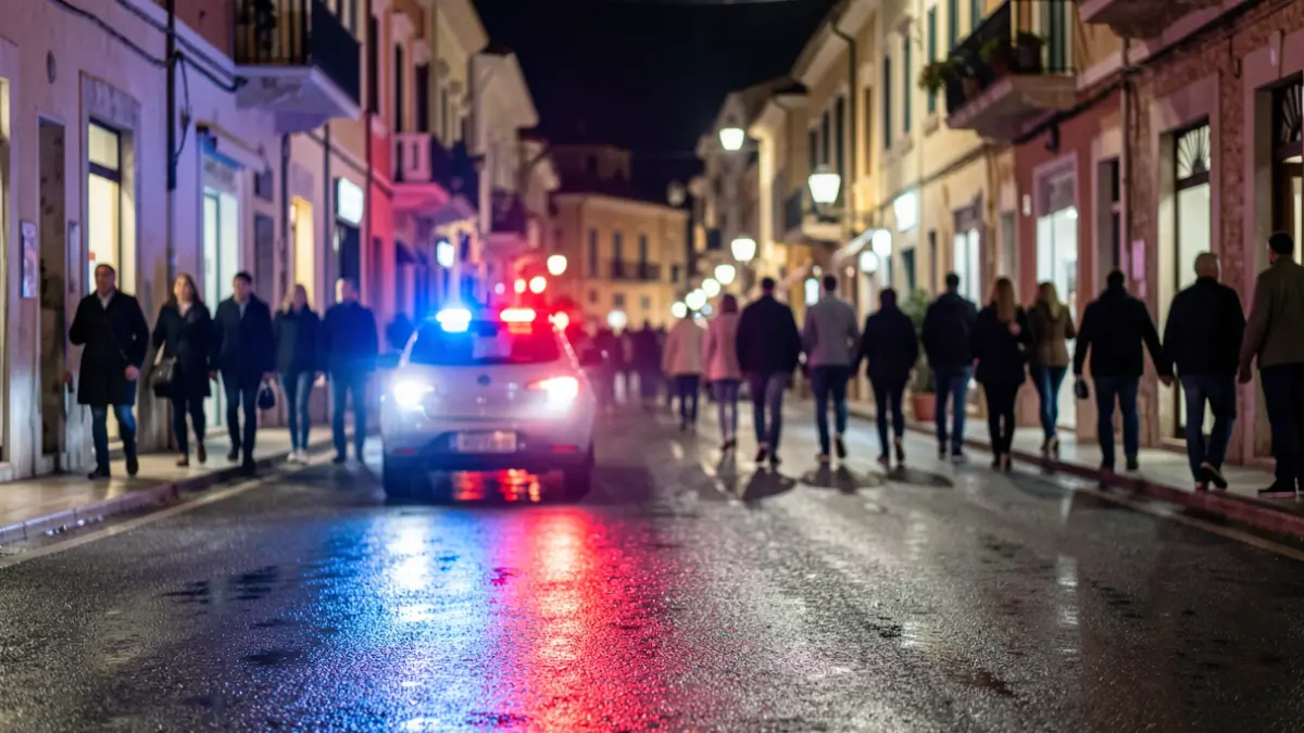 Generic image of police emergency lights reflected on wet asphalt.