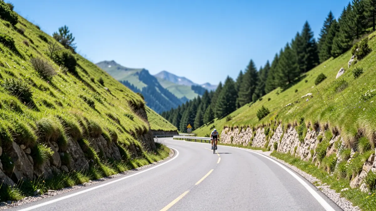 Imagen genérica de una carretera de montaña en los Pirineos con un ciclista en la distancia.