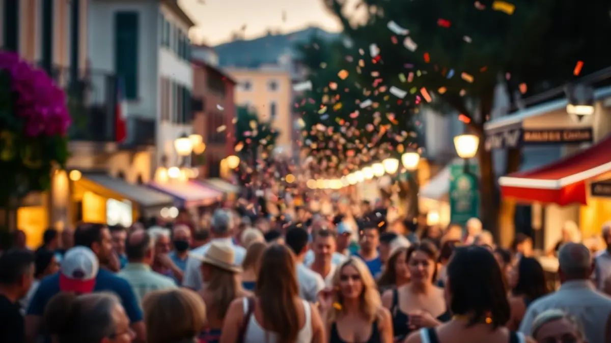 Imatge genèrica d'una multitud en un festival de carrer amb llums càlides i confeti.
