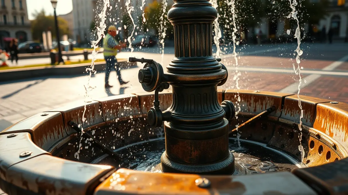 Imatge de les fonts de la plaça de Catalunya en obres de manteniment.