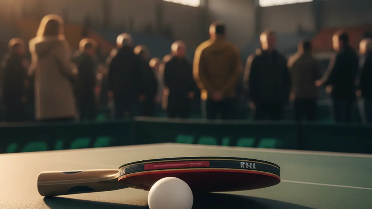 Generic image of a table tennis paddle and ball on a green table.