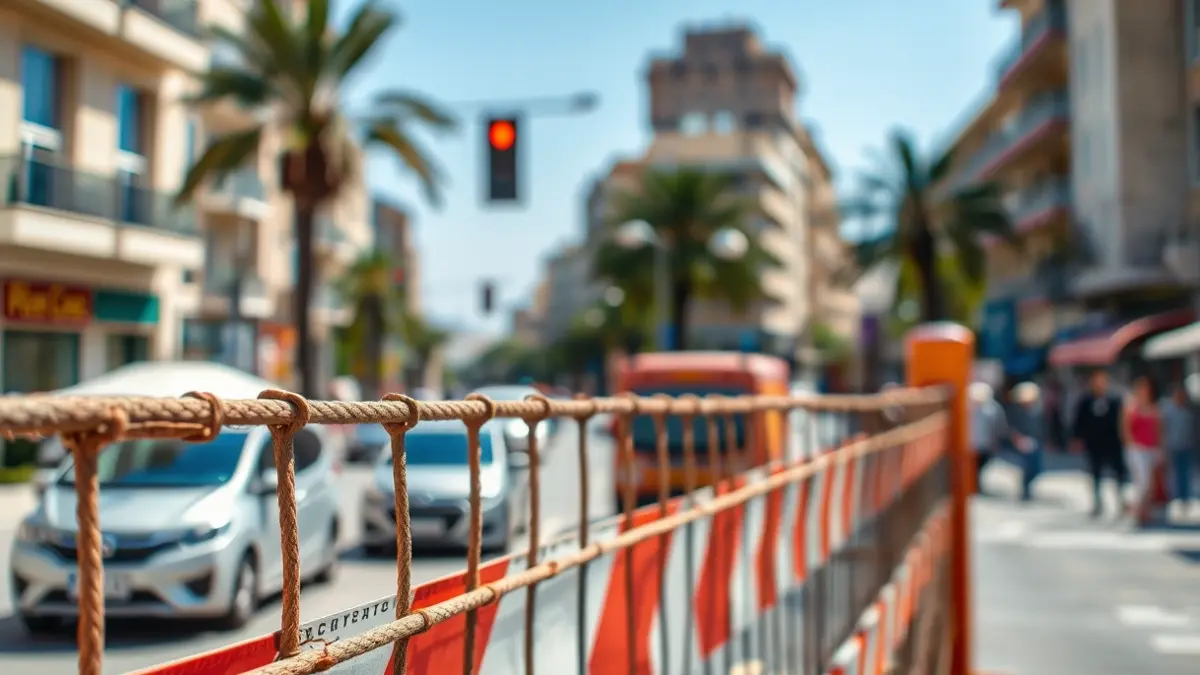 Generic image of a construction barrier with a bustling city street in the background.