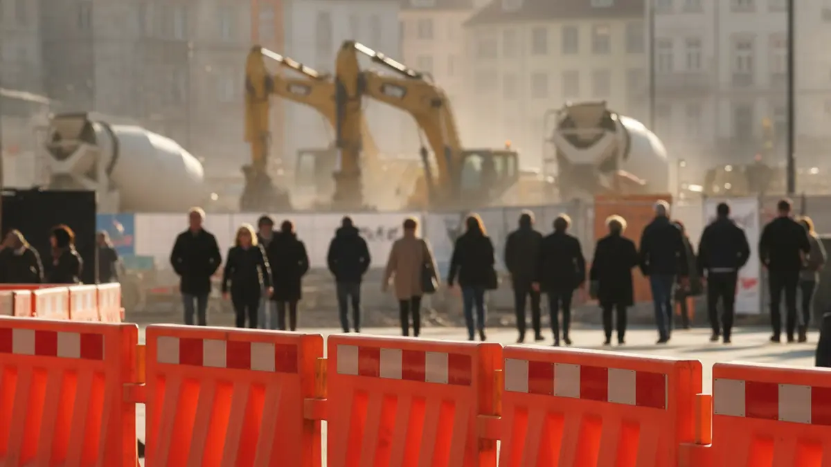 Generic image of construction works with orange safety barriers.