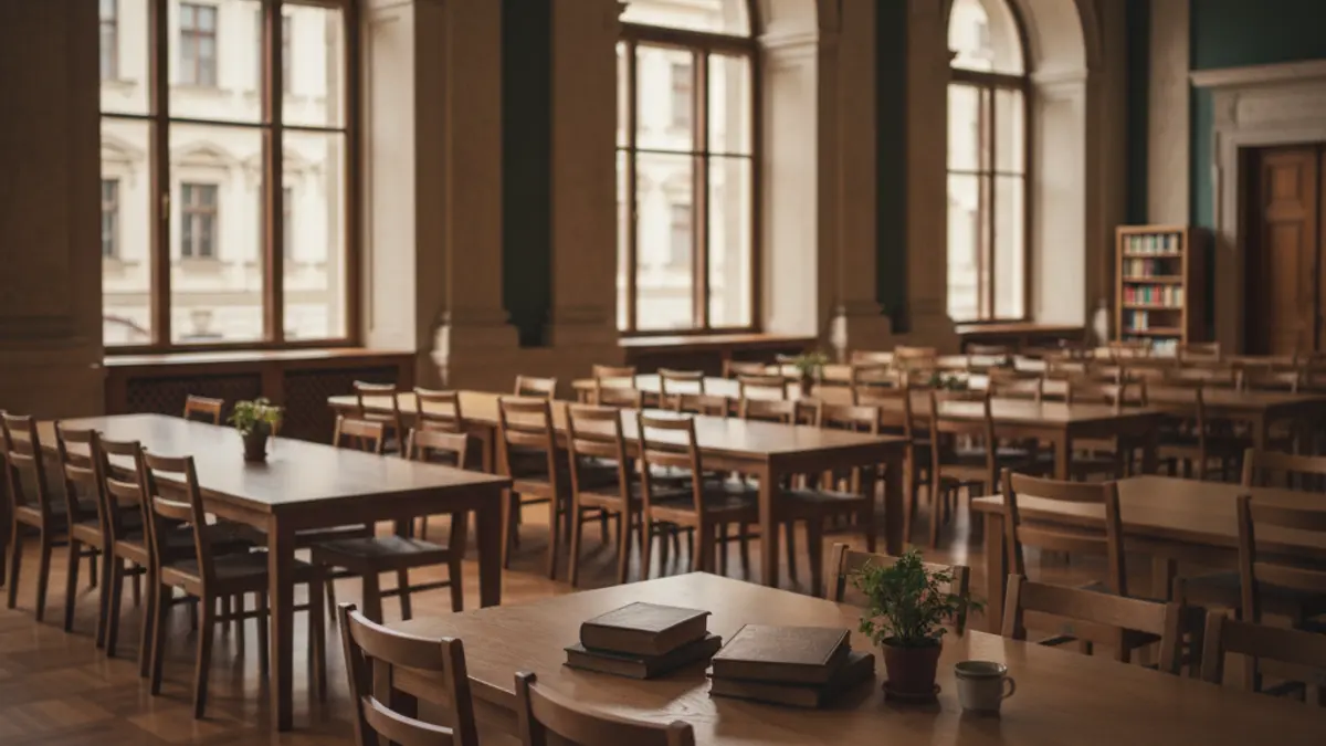 Generic image of a study room with empty desks and chairs.