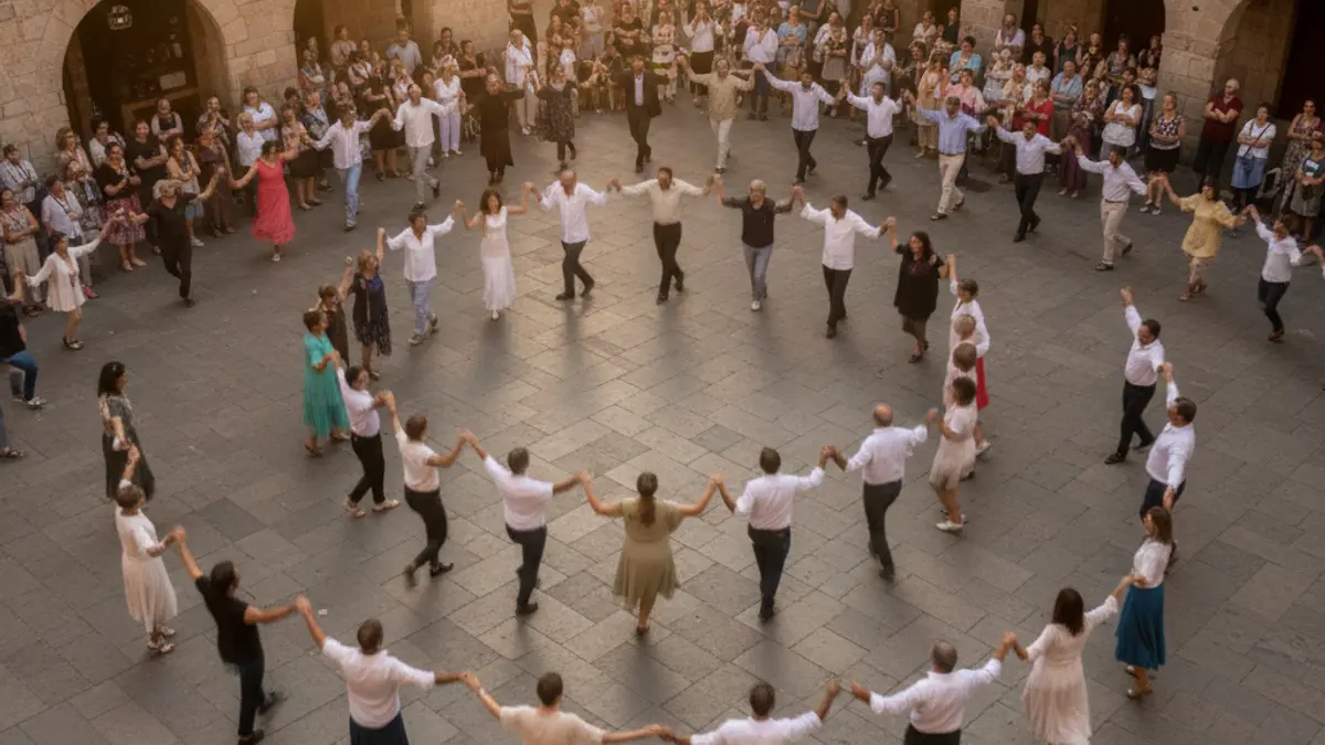 Image of a group of people dancing sardanas in a square.