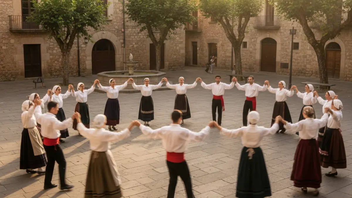 Imatge d'una colla sardanista ballant en una plaça durant una festa major.