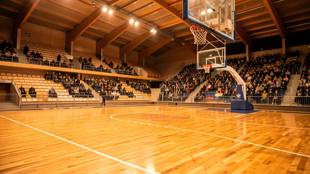Imatge genèrica d'una pista de bàsquet en un pavelló esportiu.