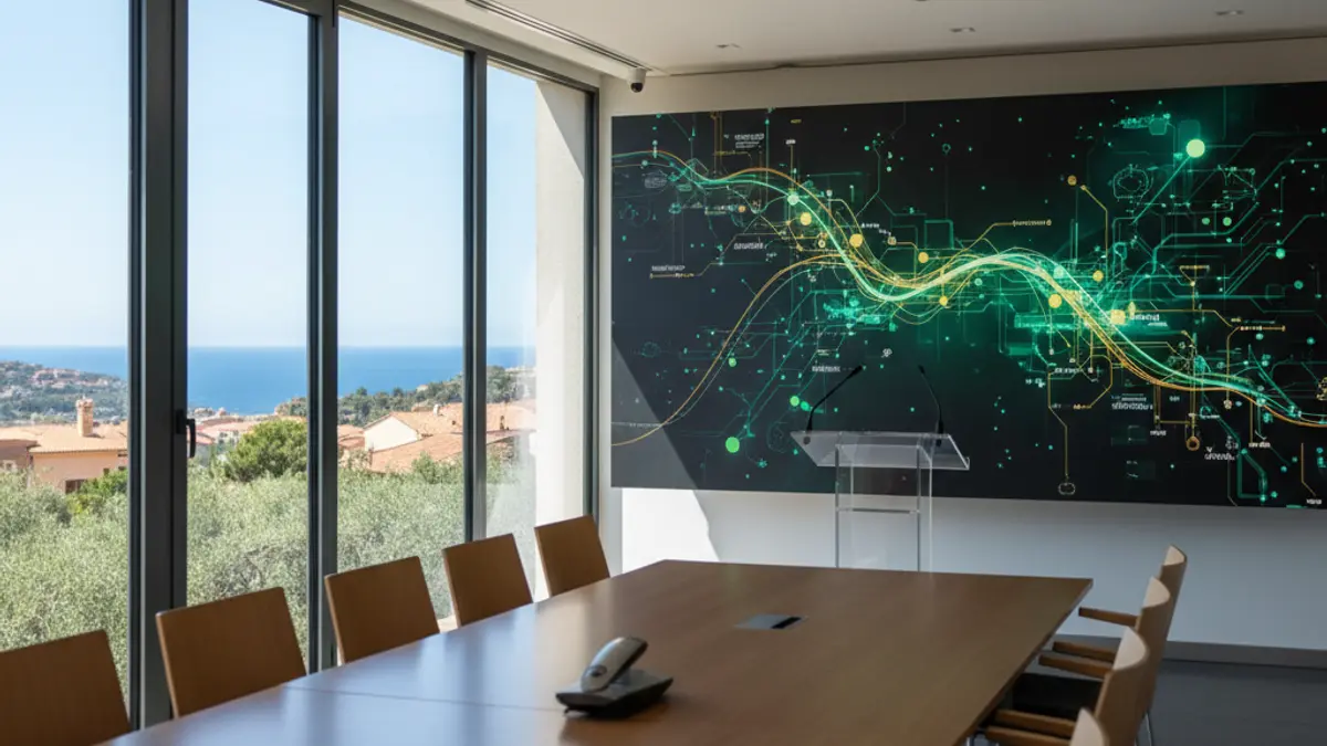 Generic image of a conference room with a screen and a podium.