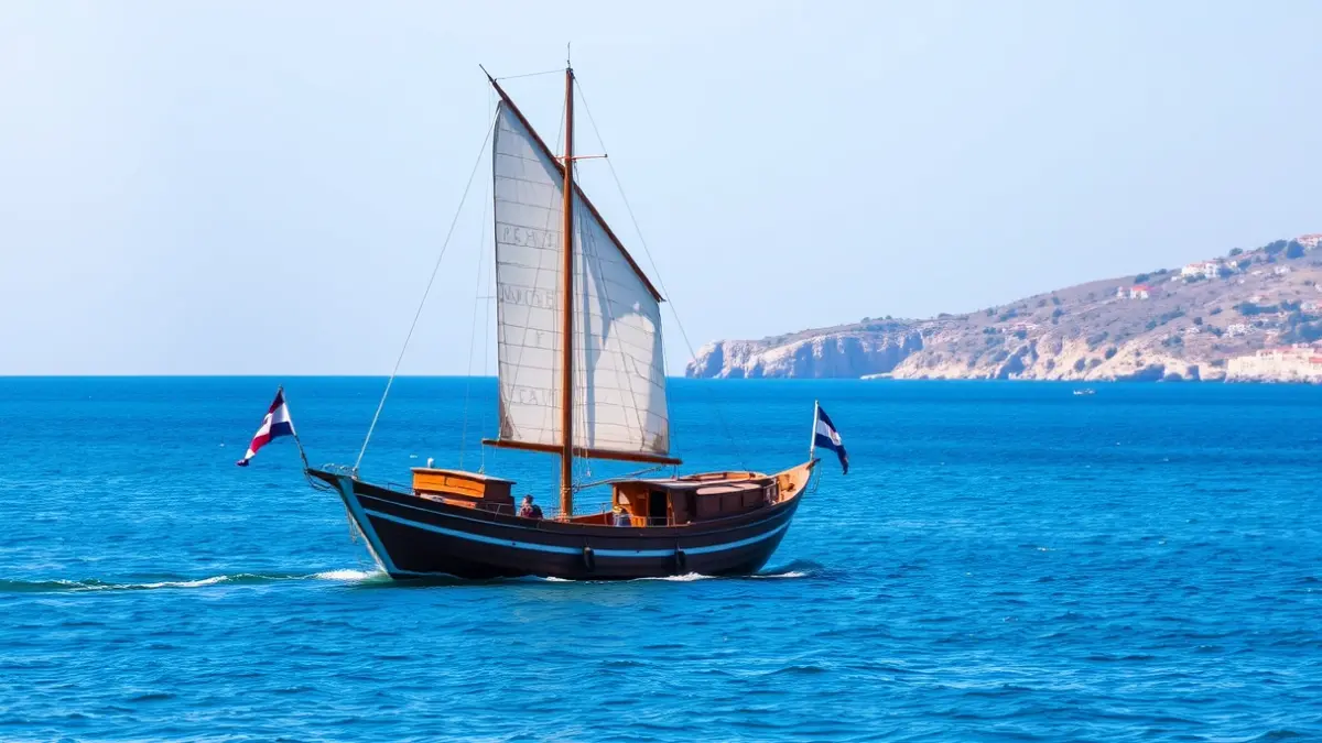 Image of a traditional fishing boat with a lateen sail sailing along the coast.