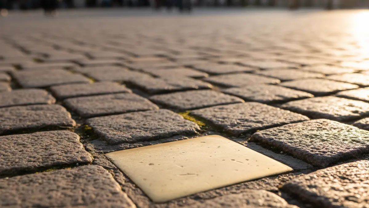 Commemorative stumbling block (stolpersteine) embedded in a cobblestone street.
