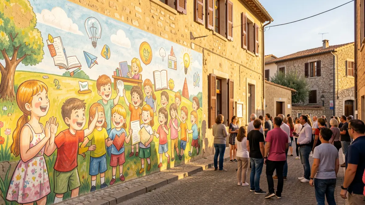 Mural artístic ple de color a la paret d'una escola, creat per alumnes i un il·lustrador.