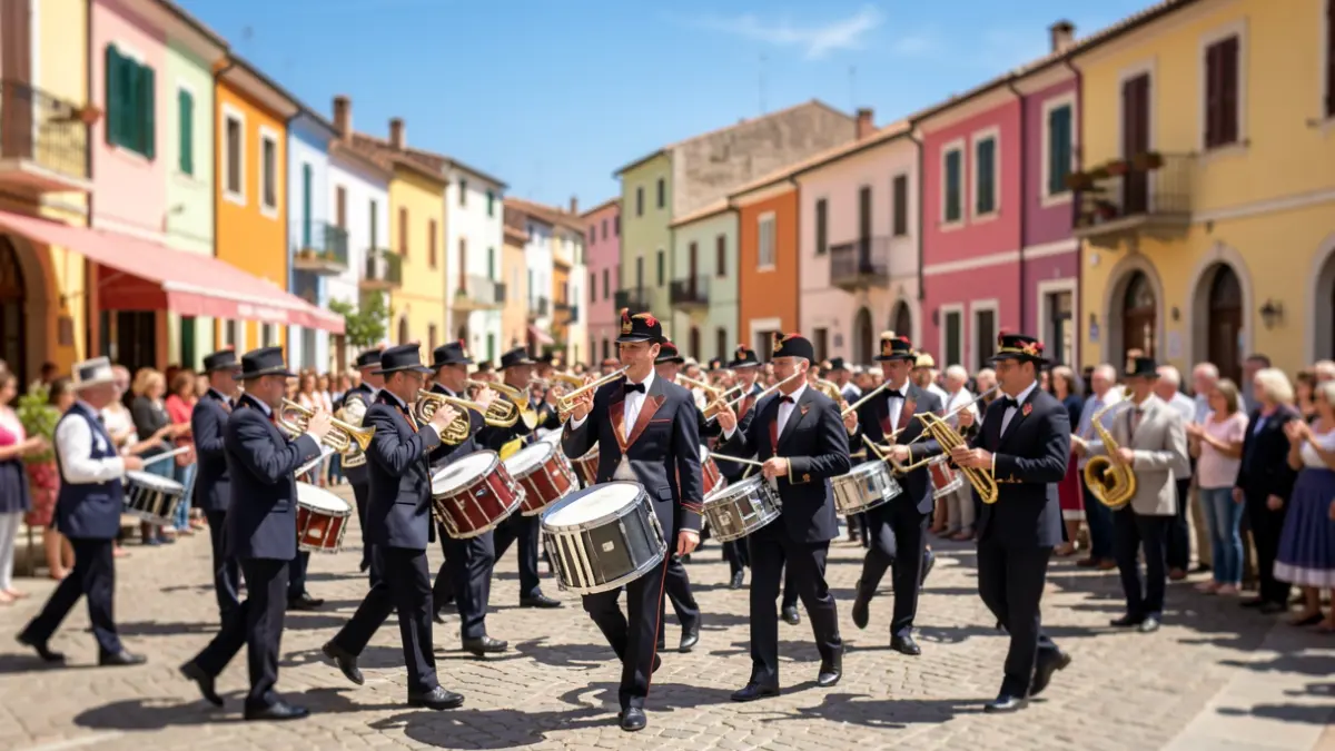 Imatge genèrica d'una banda de música tocant en una plaça d'un poble mediterrani.