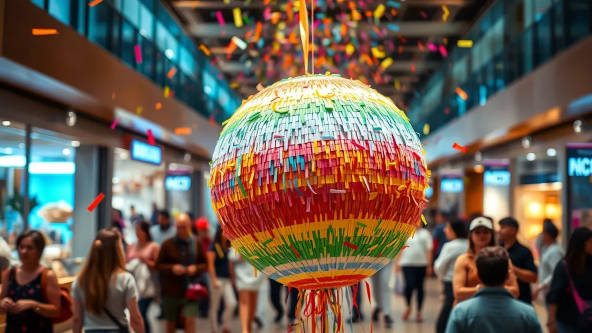 Image of a giant piñata in a shopping mall, with blurred people around and confetti falling.