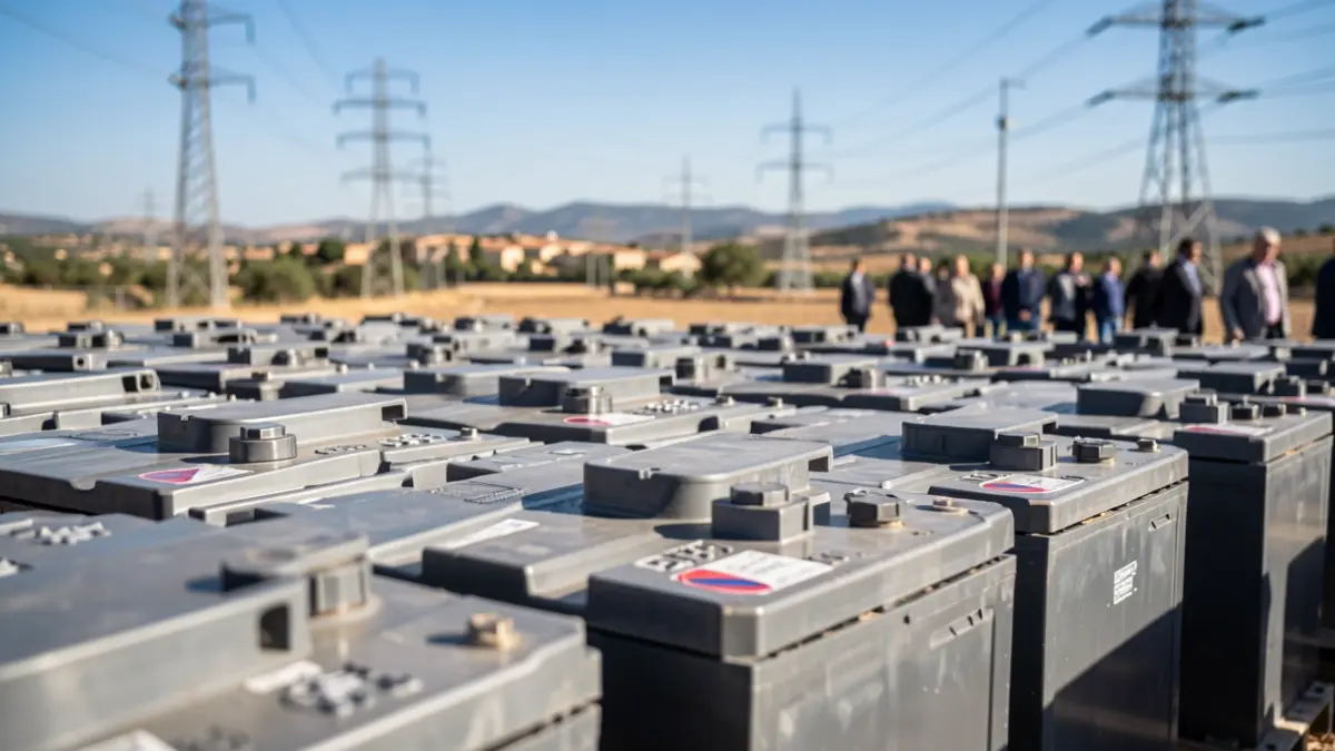 Generic image of industrial battery containers with landscape in the background.